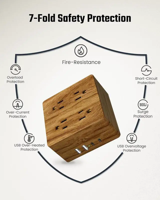 Alt view image 5 of 6 - USB Power Pad Surge Protector - Desktop Extension Cord with 4 Wide Pitch Outlets and 4 Smart USB Ports for Portable Charging Stations in Homes, Offices, Hotels, Dormitories, RVs, Faux Walnut Grain