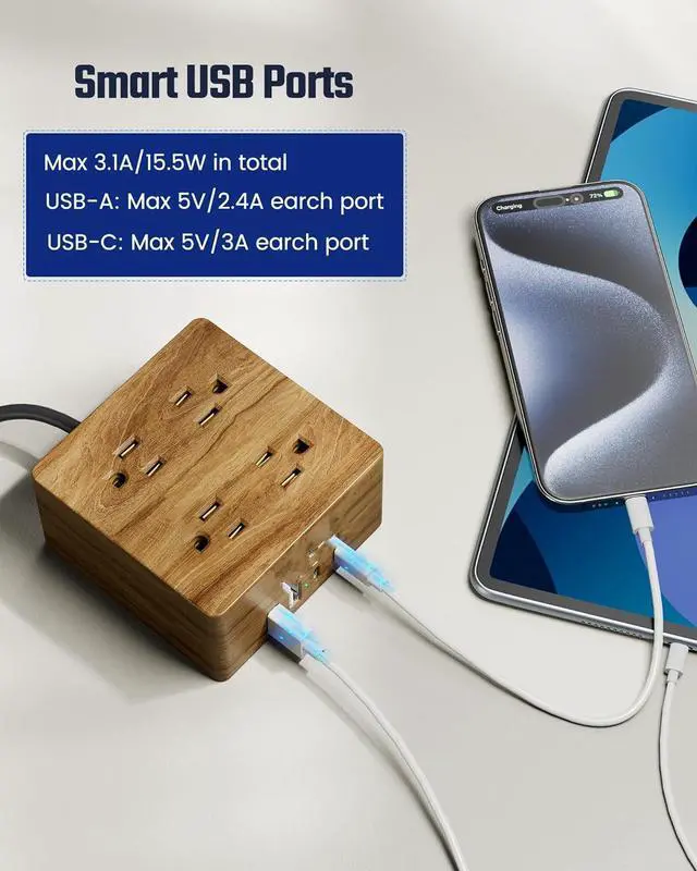 Alt view image 6 of 6 - USB Power Pad Surge Protector - Desktop Extension Cord with 4 Wide Pitch Outlets and 4 Smart USB Ports for Portable Charging Stations in Homes, Offices, Hotels, Dormitories, RVs, Faux Walnut Grain