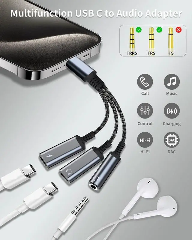 Alt view image 2 of 7 - USB-C to 3.5mm Headphone and Charger Adapter, 3-in-1 Dual C-Sub Splitter Charger Headphone Jack Dongle Cable Compatible with iPhone 15/16 Pro/Max/Plus, iPad, Samsung Galaxy S22/S23/S24 Ultra (Gray)