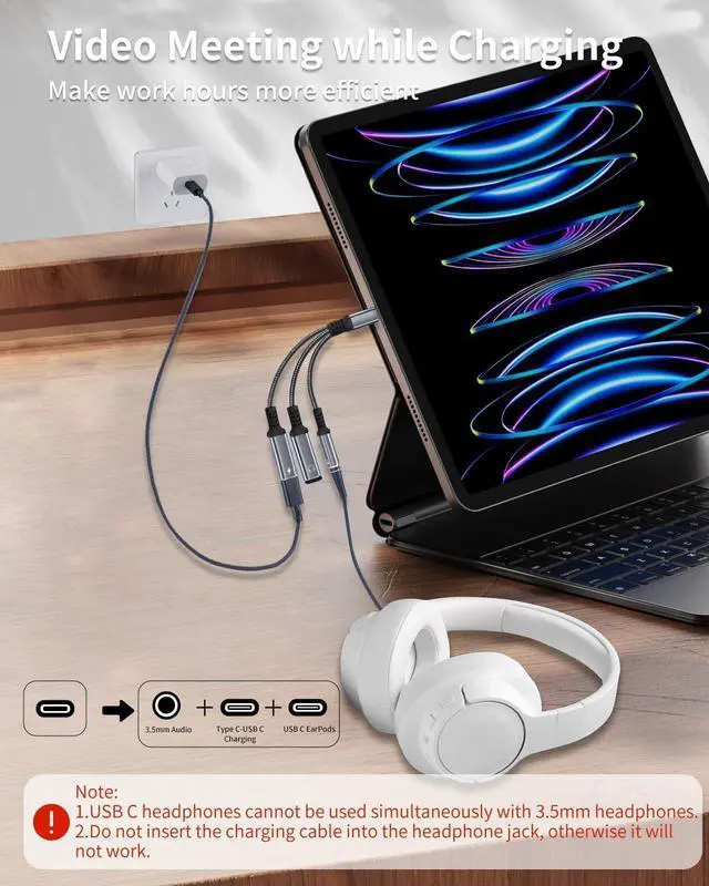 Alt view image 3 of 7 - USB-C to 3.5mm Headphone and Charger Adapter, 3-in-1 Dual C-Sub Splitter Charger Headphone Jack Dongle Cable Compatible with iPhone 15/16 Pro/Max/Plus, iPad, Samsung Galaxy S22/S23/S24 Ultra (Gray)