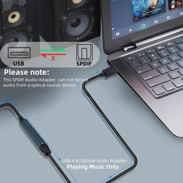 Alt view image 3 of 7 - USB A to TOSLINK Optical Audio Adapter, Unidirectional USB Type A to SPDIF Digitizer Compatible with Windows/Laptop PCs only, (not for use with TVs or other devices)