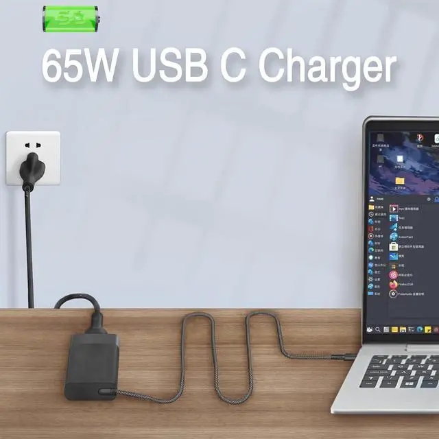 Alt view image 2 of 7 - New Slim 65W USB C Laptop Charger Compatible with HP Spectre x360, Envy, Chromebook, Elitebook x360, Pavilion, Elite x2 Travel Type C Power Cord AC Adapter