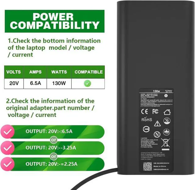 Alt view image 2 of 7 - 130W USB C Laptop Charger Compatible with Dell PC XPS 15 17 9575 9500 9510 9520 9530 9700 9710 9720 9730, Precision 5470 5480 5550 5560 5530 5570 5750 5760 5770 3550 3560 3570 3571 2 in 1, Latitude