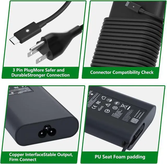 Alt view image 7 of 7 - 130W USB C Laptop Charger Compatible with Dell PC XPS 15 17 9575 9500 9510 9520 9530 9700 9710 9720 9730, Precision 5470 5480 5550 5560 5530 5570 5750 5760 5770 3550 3560 3570 3571 2 in 1, Latitude