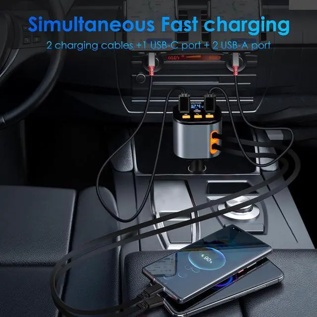 Alt view image 2 of 7 - Retractable Car Charger, 5 in 1 Fast Car Cell Phone Charger 90W, Bluetooth 5.3 FM Transmitter Adapter, Hands Free Calling, 2 Retractable Cables and USB Charger for iPhone 17/16 15/14/13