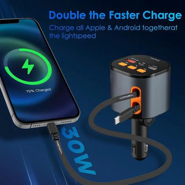 Alt view image 3 of 7 - Retractable Car Charger, 5 in 1 Fast Car Cell Phone Charger 90W, Bluetooth 5.3 FM Transmitter Adapter, Hands Free Calling, 2 Retractable Cables and USB Charger for iPhone 17/16 15/14/13