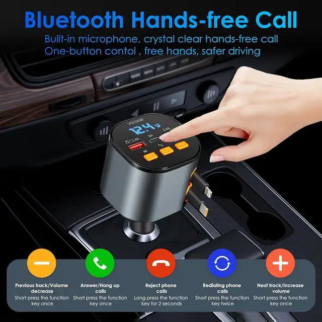 Alt view image 4 of 7 - Retractable Car Charger, 5 in 1 Fast Car Cell Phone Charger 90W, Bluetooth 5.3 FM Transmitter Adapter, Hands Free Calling, 2 Retractable Cables and USB Charger for iPhone 17/16 15/14/13
