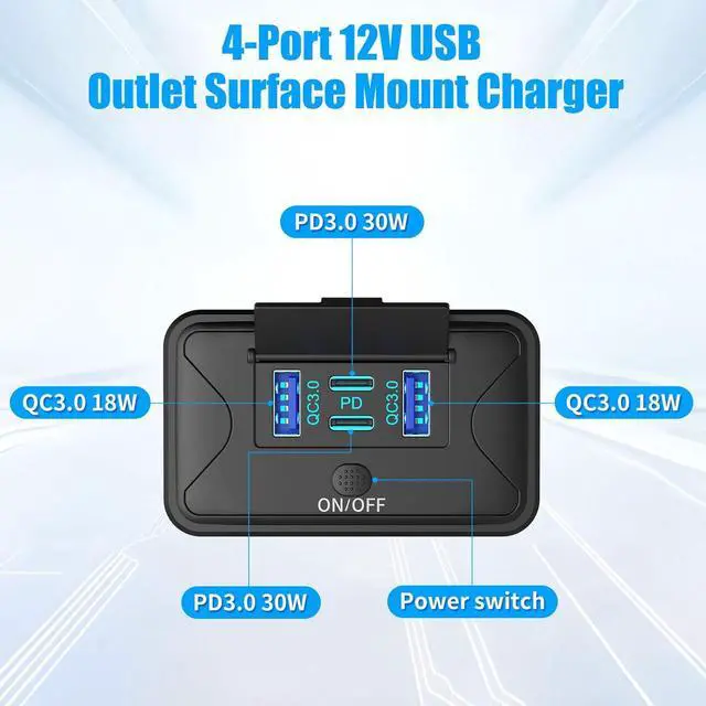 Alt view image 2 of 7 - 2-Pack 78W 4-Port 12V USB Socket Wall Mount, Dual 36W PD and Dual 18W QC3.0 Lightweight Surface Mount Charger Receptacle Panel with Push Button Switch for Bus RV Truck Boat Golf Carts