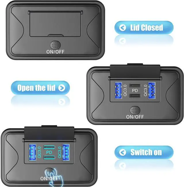 Alt view image 4 of 7 - 2-Pack 78W 4-Port 12V USB Socket Wall Mount, Dual 36W PD and Dual 18W QC3.0 Lightweight Surface Mount Charger Receptacle Panel with Push Button Switch for Bus RV Truck Boat Golf Carts