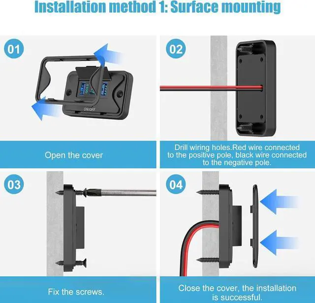 Alt view image 6 of 7 - 2-Pack 78W 4-Port 12V USB Socket Wall Mount, Dual 36W PD and Dual 18W QC3.0 Lightweight Surface Mount Charger Receptacle Panel with Push Button Switch for Bus RV Truck Boat Golf Carts