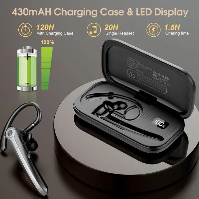 Alt view image 4 of 7 - Bluetooth Headset, Wireless Bluetooth Earpiece with ENC Noise-Canceling Microphone, 120-Hour Talking Single-Ear Headset, LED Display, IPX7 Waterproof Hands-Free Headset for Business/Truck Drivers/Driv