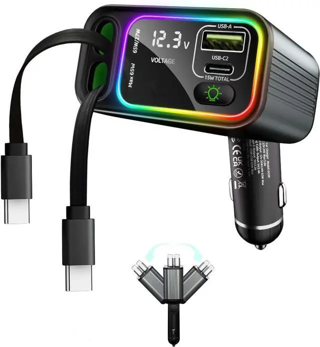 Main image of Retractable Car Charger USB C, 145W Type C Car Charger Fast Charging with Dual Retractable USB C Cable and USB Port for iPhone 17/16/15, S25/24/23/22, Pixel 9/8/7 (Built-in Dual C Cable)