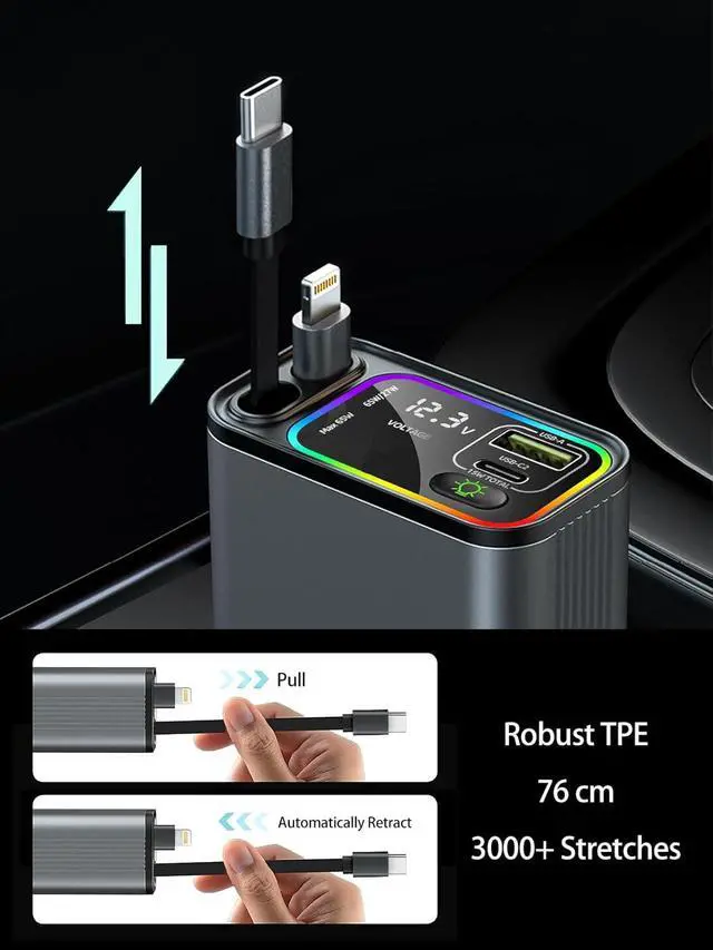Alt view image 2 of 5 - Retractable Car Charger USB C, 145W Type C Car Charger Fast Charging with Dual Retractable USB C Cable and USB Port for iPhone 17/16/15, S25/24/23/22, Pixel 9/8/7 (Built-in Dual C Cable)