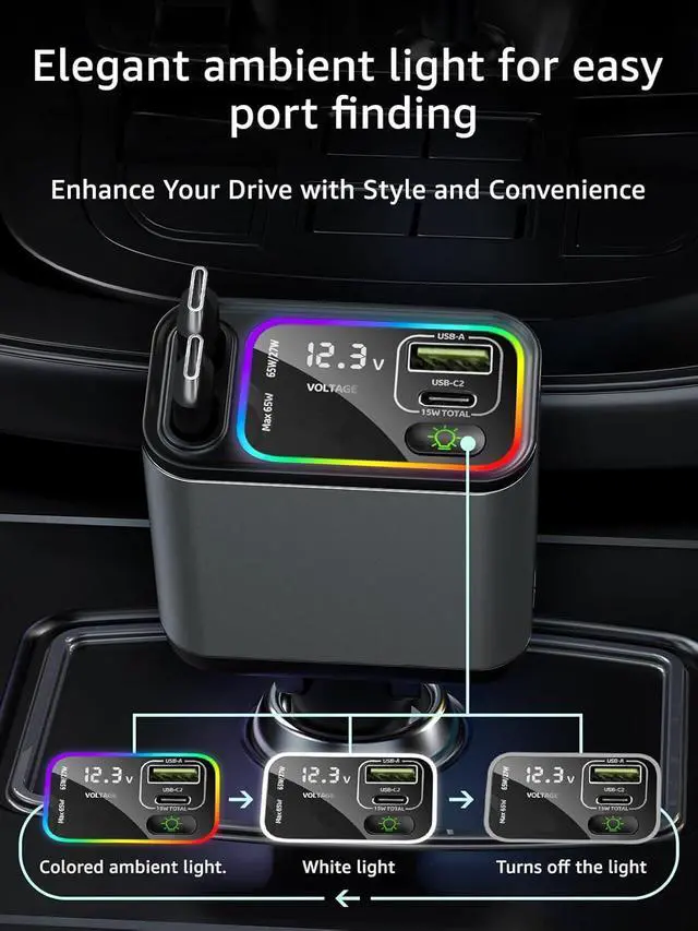 Alt view image 4 of 5 - Retractable Car Charger USB C, 145W Type C Car Charger Fast Charging with Dual Retractable USB C Cable and USB Port for iPhone 17/16/15, S25/24/23/22, Pixel 9/8/7 (Built-in Dual C Cable)