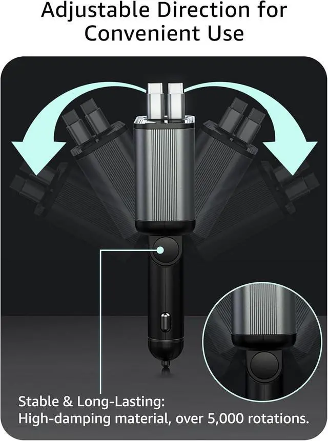 Alt view image 5 of 5 - Retractable Car Charger USB C, 145W Type C Car Charger Fast Charging with Dual Retractable USB C Cable and USB Port for iPhone 17/16/15, S25/24/23/22, Pixel 9/8/7 (Built-in Dual C Cable)
