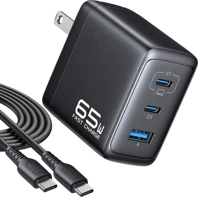 Main image of USB C Charger Block, 3-Port 65W PD Fast Charging, Compact C Wall Charger with Foldable Plug, GaN Technology for MacBook Pro/Air, iPhone 17, Samsung S25, iPad Pro, Laptops, Multiple Devices, and more!