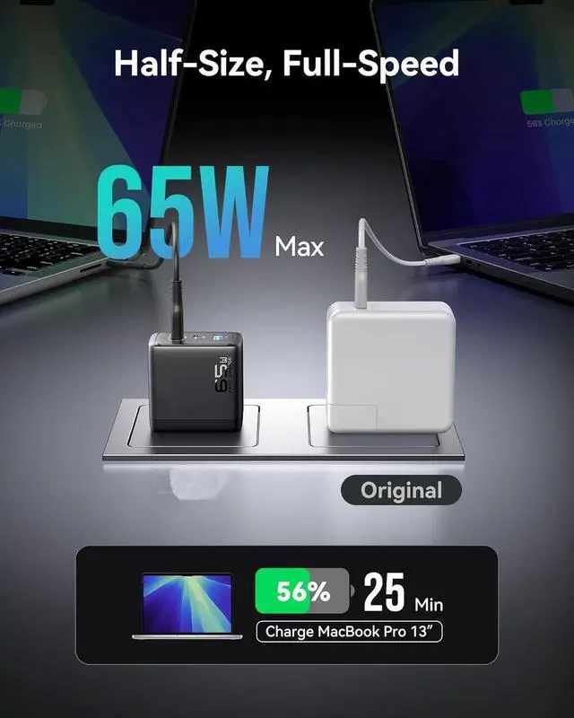 Alt view image 2 of 7 - USB C Charger Block, 3-Port 65W PD Fast Charging, Compact C Wall Charger with Foldable Plug, GaN Technology for MacBook Pro/Air, iPhone 17, Samsung S25, iPad Pro, Laptops, Multiple Devices, and more!