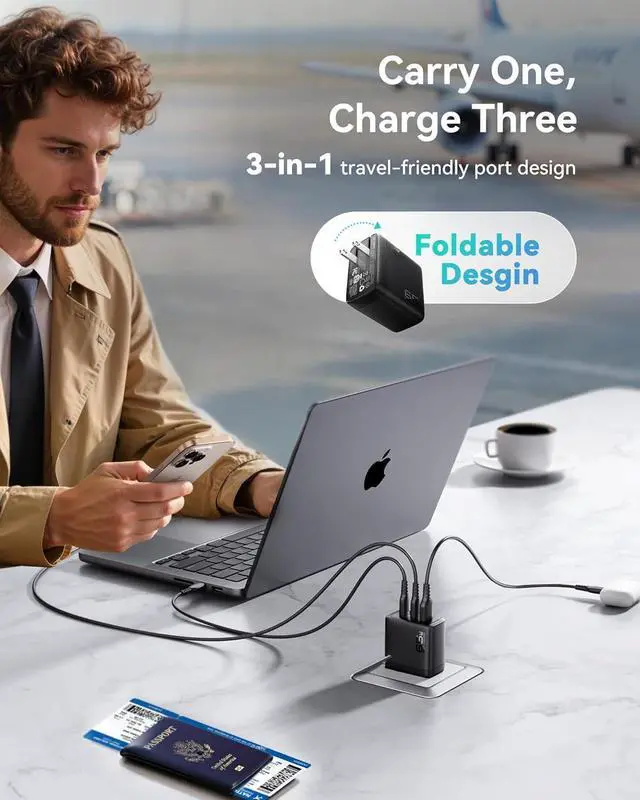 Alt view image 6 of 7 - USB C Charger Block, 3-Port 65W PD Fast Charging, Compact C Wall Charger with Foldable Plug, GaN Technology for MacBook Pro/Air, iPhone 17, Samsung S25, iPad Pro, Laptops, Multiple Devices, and more!
