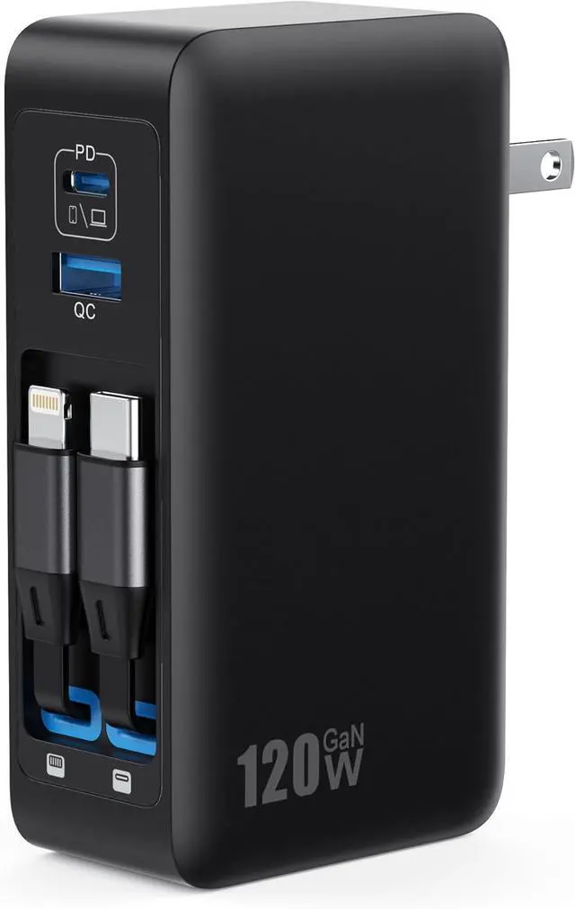 Main image of USB C Charger Block 120W, Built-in 2 Retractable Cables, 4-in-1 GaN IV Charger Fast Charging Foldable Plug Wall Charger, PD 65W Laptop Charger for MacBook, iPad, iPhone 16/15/14, Galaxy S25, Android a