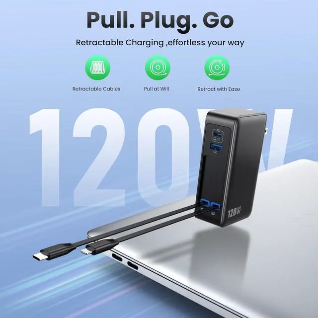 Alt view image 2 of 7 - USB C Charger Block 120W, Built-in 2 Retractable Cables, 4-in-1 GaN IV Charger Fast Charging Foldable Plug Wall Charger, PD 65W Laptop Charger for MacBook, iPad, iPhone 16/15/14, Galaxy S25, Android a