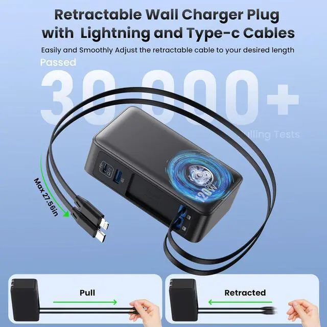 Alt view image 4 of 7 - USB C Charger Block 120W, Built-in 2 Retractable Cables, 4-in-1 GaN IV Charger Fast Charging Foldable Plug Wall Charger, PD 65W Laptop Charger for MacBook, iPad, iPhone 16/15/14, Galaxy S25, Android a