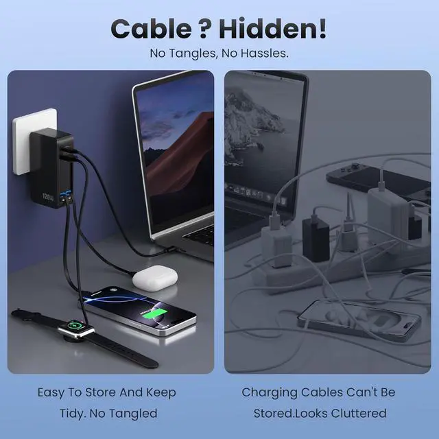 Alt view image 7 of 7 - USB C Charger Block 120W, Built-in 2 Retractable Cables, 4-in-1 GaN IV Charger Fast Charging Foldable Plug Wall Charger, PD 65W Laptop Charger for MacBook, iPad, iPhone 16/15/14, Galaxy S25, Android a