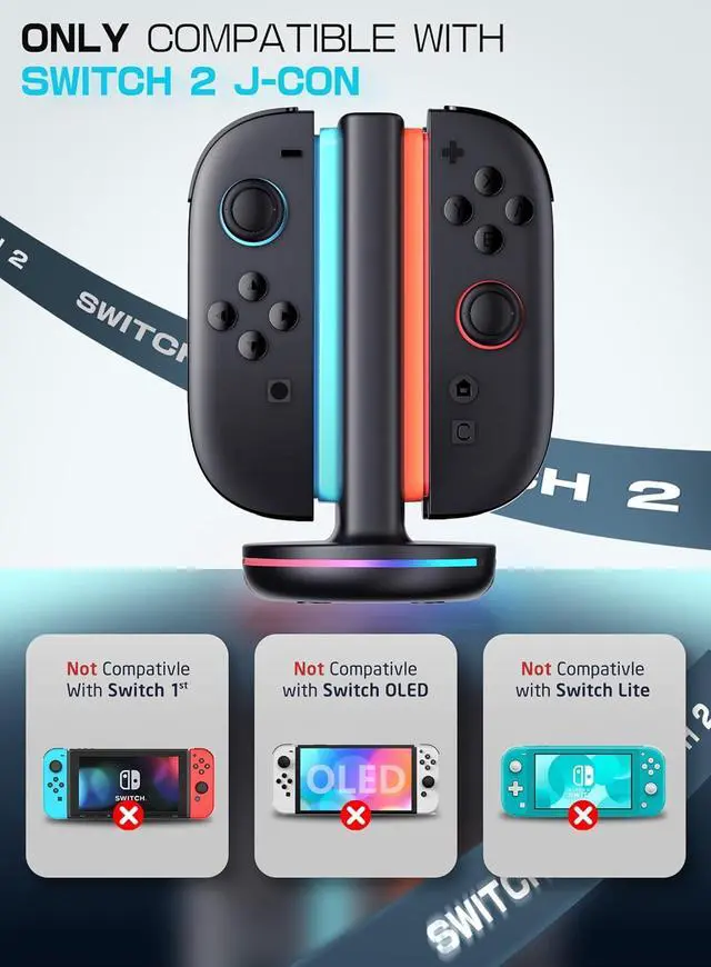 Alt view image 2 of 7 - Charging Dock for Nintendo Switch 2 Joy Con, [Dual Sided Charging Support] [9 Lighting Modes] Magnetic Controller Quick Charger Stand Compatible with Switch 2 Joy Con Accessories, Black