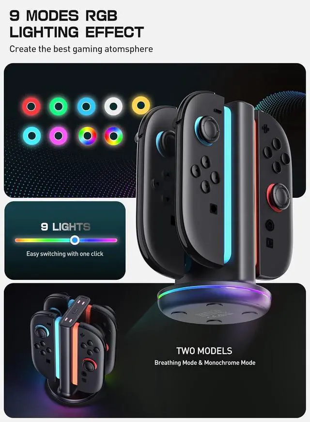 Alt view image 6 of 7 - Charging Dock for Nintendo Switch 2 Joy Con, [Dual Sided Charging Support] [9 Lighting Modes] Magnetic Controller Quick Charger Stand Compatible with Switch 2 Joy Con Accessories, Black