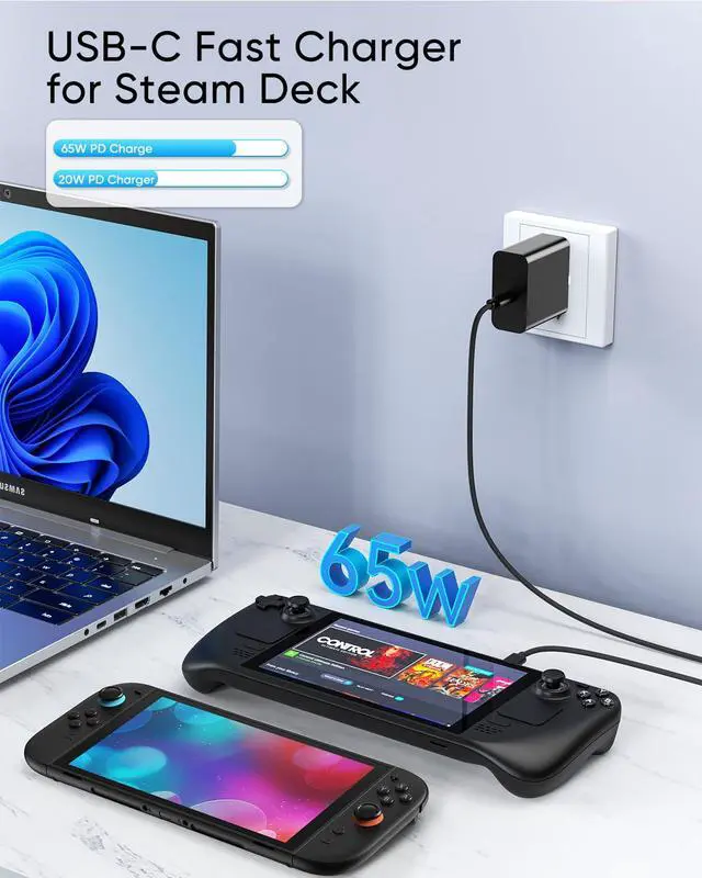 Alt view image 3 of 7 - 65W Fast Charger for Steam Deck, Nintendo Switch 2 and ROG Ally - PD3.0 Foldable AC Adapter with 6.6FT USB C Cable, Switch 2 Charger Supports TV Dock, PS Console [Original Steam Deck Charger Replaceme