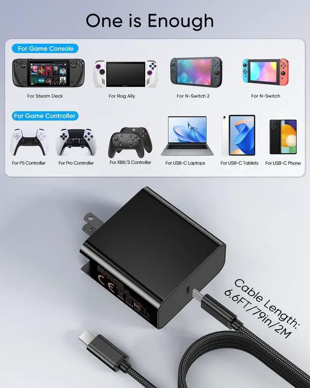 Alt view image 6 of 7 - 65W Fast Charger for Steam Deck, Nintendo Switch 2 and ROG Ally - PD3.0 Foldable AC Adapter with 6.6FT USB C Cable, Switch 2 Charger Supports TV Dock, PS Console [Original Steam Deck Charger Replaceme