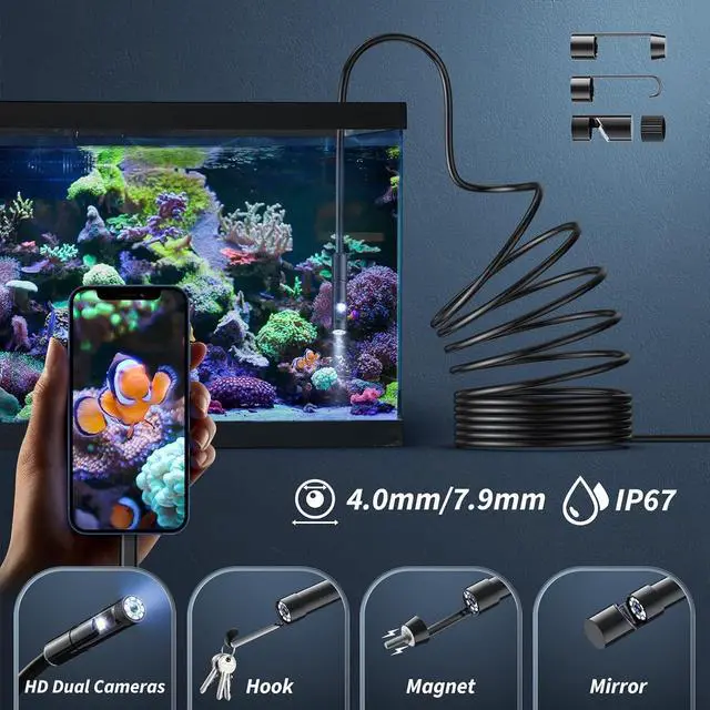 Alt view image 6 of 7 - Borescope Camera with Light, 1920P HD Borescope Tool with 8 Adjustable LED Lights, Borescope with Semi-Rigid Serpentine Camera, IP67 Waterproof Inspection Borescope for iOS and Android - 16.4ft Dual L