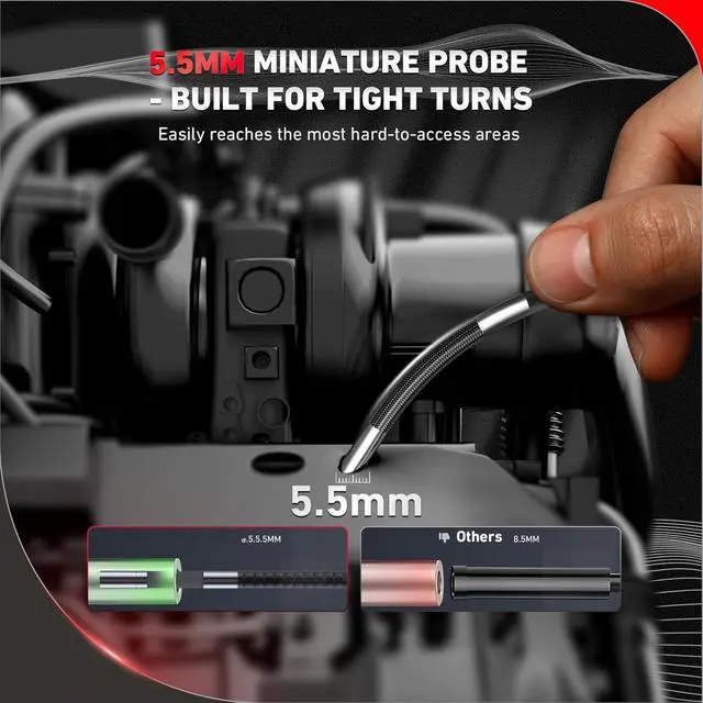 Alt view image 2 of 7 - Bi-directional articulating borescope, 5.5 mm/0.22 in. slim probe, 5 in. lighted industrial borescope camera, 8x zoom 5 ft. flexible serpentine inspection scope for engines, automotive, HVAC