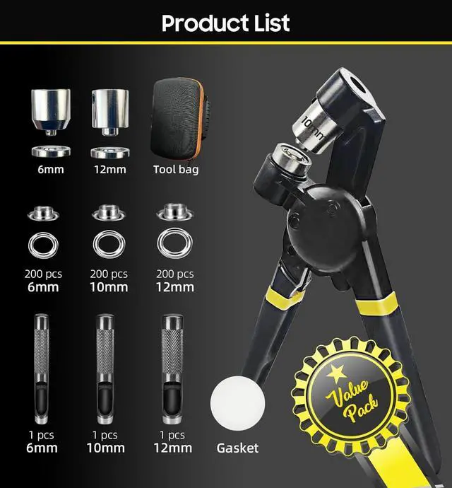 Alt view image 2 of 6 - Grommet Tool Kit 1/2 1/4 3/8 Multi-Size Punch, 608 pcs Heavy Duty Grommet Tool Kit for eyelets and grommets for tarps, fabric loops, leather, tents, vinyl, canvas, etc.