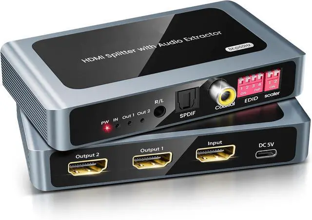 Main image of 8K@60Hz HDMI Splitter 1x2 with Strip Speaker Audio Extractor, HDMI 1 into 2 Outputs with Optical, Coaxial, and 3.5mm, Supports 4K@120Hz, HDR10+, VRR, ALLM, 48Gbps, Dolby Atmos 7.1 Channel, HDCP 2.3 By