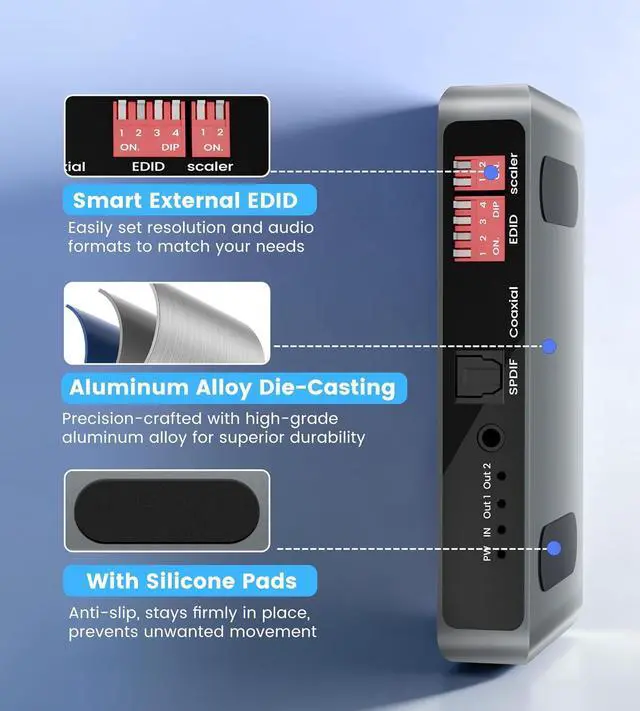 Alt view image 3 of 7 - 8K@60Hz HDMI Splitter 1x2 with Strip Speaker Audio Extractor, HDMI 1 into 2 Outputs with Optical, Coaxial, and 3.5mm, Supports 4K@120Hz, HDR10+, VRR, ALLM, 48Gbps, Dolby Atmos 7.1 Channel, HDCP 2.3 By