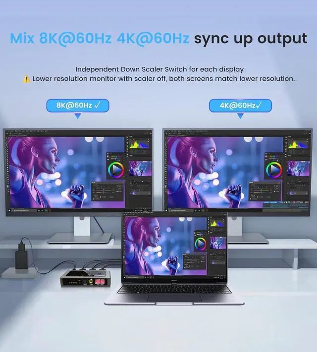 Alt view image 5 of 7 - 8K@60Hz HDMI Splitter 1x2 with Strip Speaker Audio Extractor, HDMI 1 into 2 Outputs with Optical, Coaxial, and 3.5mm, Supports 4K@120Hz, HDR10+, VRR, ALLM, 48Gbps, Dolby Atmos 7.1 Channel, HDCP 2.3 By