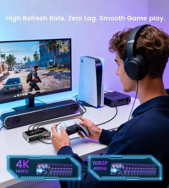 Alt view image 6 of 7 - 8K@60Hz HDMI Splitter 1x2 with Strip Speaker Audio Extractor, HDMI 1 into 2 Outputs with Optical, Coaxial, and 3.5mm, Supports 4K@120Hz, HDR10+, VRR, ALLM, 48Gbps, Dolby Atmos 7.1 Channel, HDCP 2.3 By