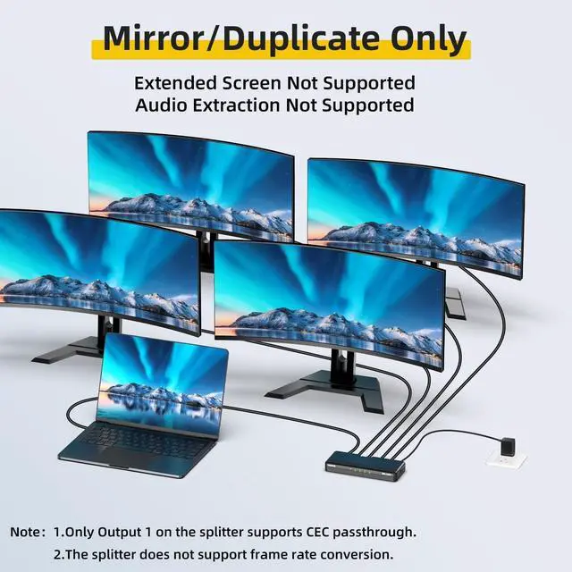 Alt view image 3 of 7 - 8K HDMI Splitter 1-to-4 Output, 1x4 Screen Cloning/Mirroring, HDMI 2.1, 8K@60Hz, 4K@240Hz (DSC), 4K@120Hz, Auto Downscaling, 48Gbps, HDCP 2.3, Compatible with Xbox, PS5, Blu-ray Players