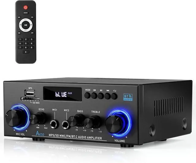 Main image of AK50 Stereo Audio Amplifier, 400-Watt Home Dual-Channel Bluetooth 5.0 Power Amplifier System, Home Amplifier with FM Radio, USB, Echo, Microphone, SD Card, Remote Control Home Theater Audio System