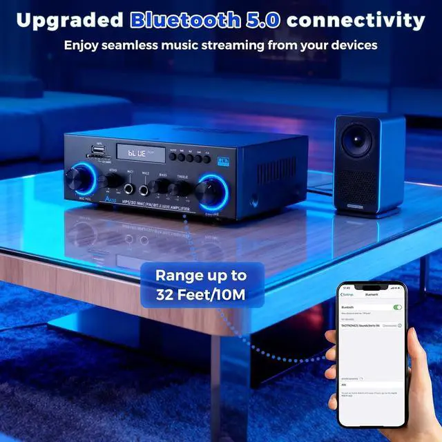 Alt view image 3 of 7 - AK50 Stereo Audio Amplifier, 400-Watt Home Dual-Channel Bluetooth 5.0 Power Amplifier System, Home Amplifier with FM Radio, USB, Echo, Microphone, SD Card, Remote Control Home Theater Audio System