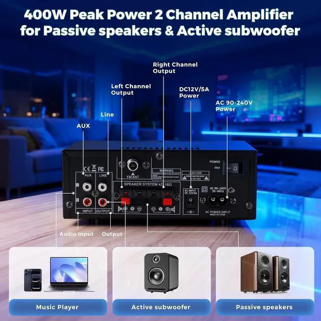 Alt view image 4 of 7 - AK50 Stereo Audio Amplifier, 400-Watt Home Dual-Channel Bluetooth 5.0 Power Amplifier System, Home Amplifier with FM Radio, USB, Echo, Microphone, SD Card, Remote Control Home Theater Audio System