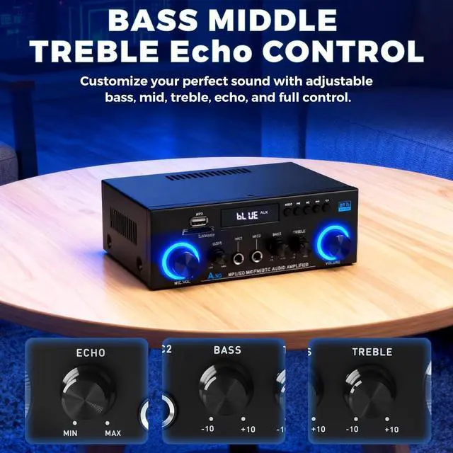 Alt view image 5 of 7 - AK50 Stereo Audio Amplifier, 400-Watt Home Dual-Channel Bluetooth 5.0 Power Amplifier System, Home Amplifier with FM Radio, USB, Echo, Microphone, SD Card, Remote Control Home Theater Audio System