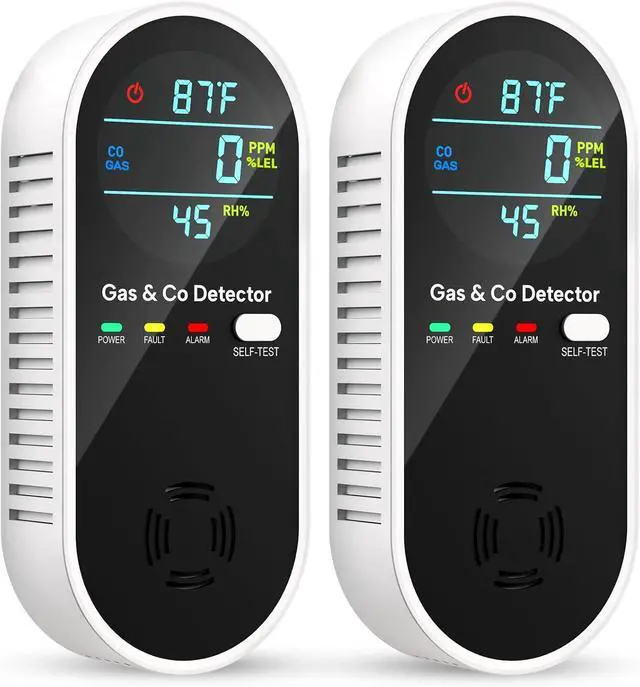 Main image of Carbon Monoxide Detector and Natural Gas Detector, 4-in-1 Upgraded Plug-in Carbon Monoxide Detector with Dual Alarm Gas Leak Detector, Home & RV Temperature and Humidity Sensor, Black, 2-Pack