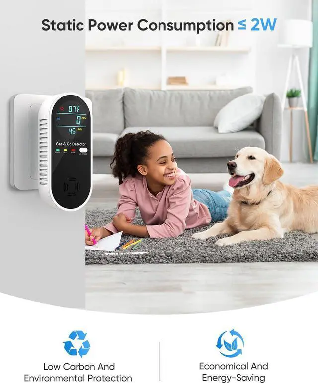 Alt view image 3 of 7 - Carbon Monoxide Detector and Natural Gas Detector, 4-in-1 Upgraded Plug-in Carbon Monoxide Detector with Dual Alarm Gas Leak Detector, Home & RV Temperature and Humidity Sensor, Black, 2-Pack