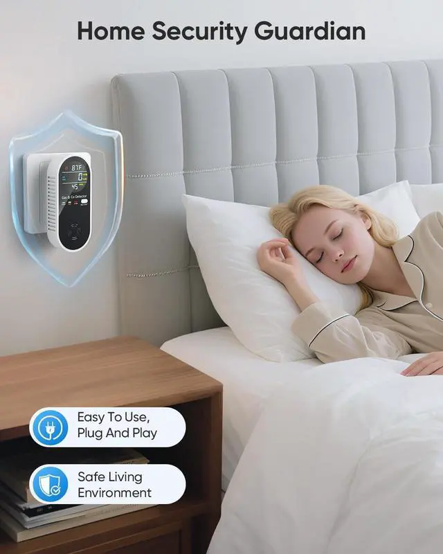 Alt view image 5 of 7 - Carbon Monoxide Detector and Natural Gas Detector, 4-in-1 Upgraded Plug-in Carbon Monoxide Detector with Dual Alarm Gas Leak Detector, Home & RV Temperature and Humidity Sensor, Black, 2-Pack