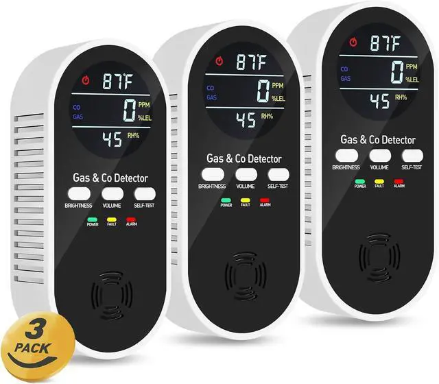 Main image of 5-in-1 carbon monoxide detector with plug-in battery backup - gas, methane and carbon monoxide alarm, equipped with dual sensors, temperature and humidity display, suitable for home, RV, travel, 3 ass