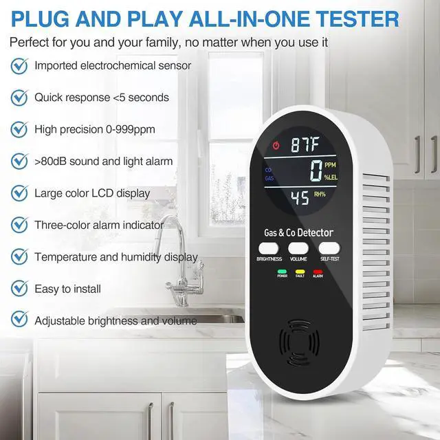 Alt view image 2 of 7 - 5-in-1 carbon monoxide detector with plug-in battery backup - gas, methane and carbon monoxide alarm, equipped with dual sensors, temperature and humidity display, suitable for home, RV, travel, 3 ass