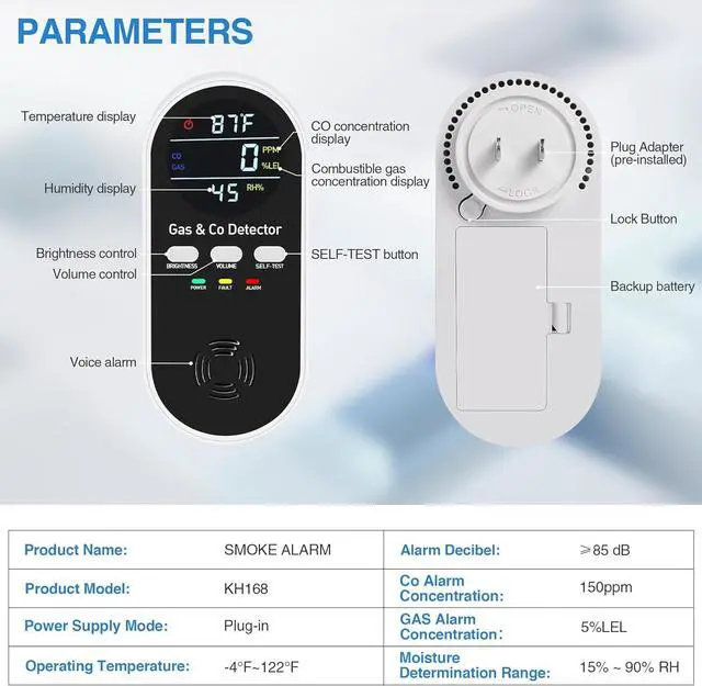 Alt view image 6 of 7 - 5-in-1 carbon monoxide detector with plug-in battery backup - gas, methane and carbon monoxide alarm, equipped with dual sensors, temperature and humidity display, suitable for home, RV, travel, 3 ass