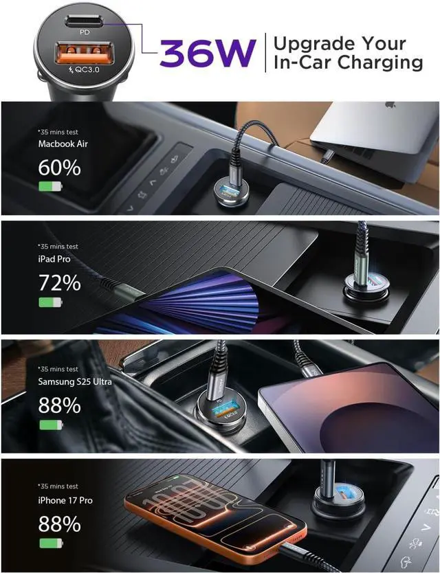 Alt view image 4 of 7 - 54W Car mobile phone charger USBC, cigarette adapter, iPhone auto accessories, USB-C car charger adapter USB-C Type C 12v, suitable for iPhone 17 Pro Max 16 15 14 13 12 Samsung Google iPad Andorid