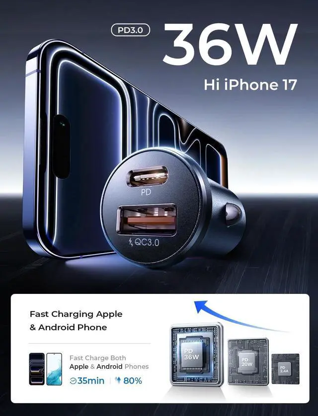 Alt view image 6 of 7 - 54W Car mobile phone charger USBC, cigarette adapter, iPhone auto accessories, USB-C car charger adapter USB-C Type C 12v, suitable for iPhone 17 Pro Max 16 15 14 13 12 Samsung Google iPad Andorid